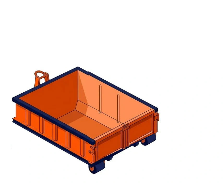 10 yard roll-off dumpster container, about 12 ft long by 8 ft wide by 3.5 ft high