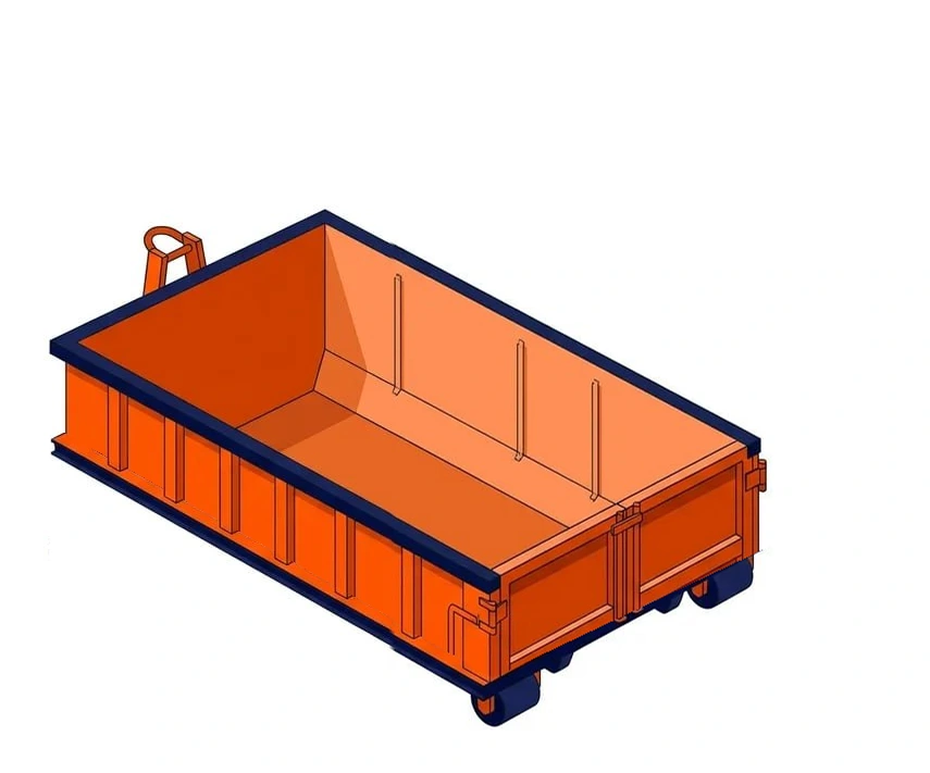 15 yard roll-off dumpster container, about 16 ft long by 8 ft wide by 4 ft high