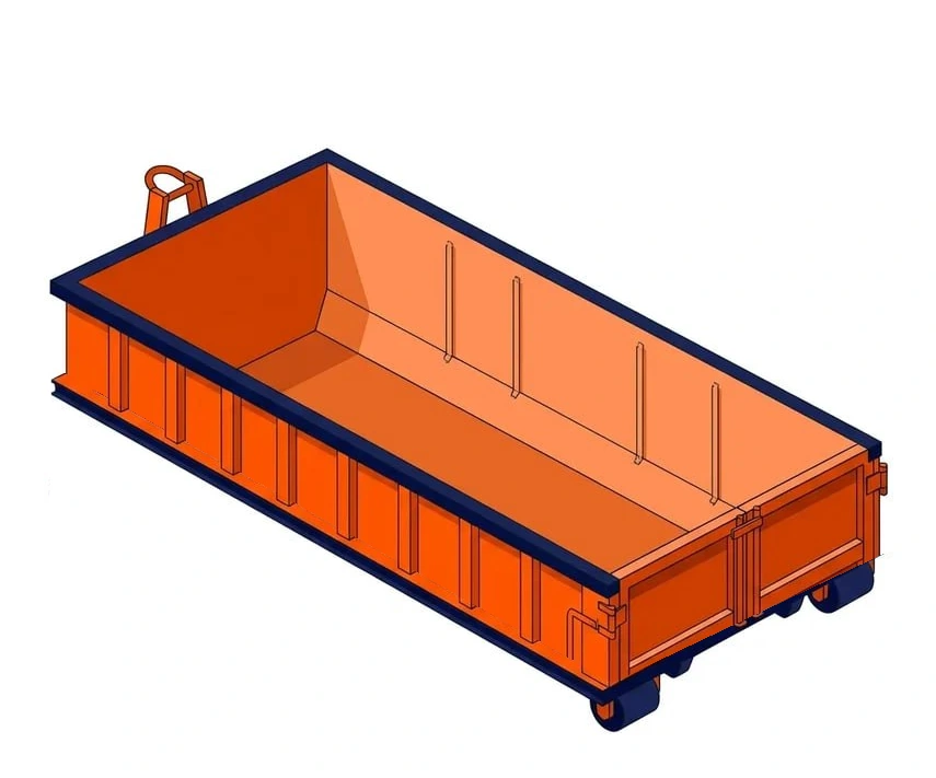 20 yard roll-off dumpster container, about 22 ft long by 8 ft wide by 4 ft high