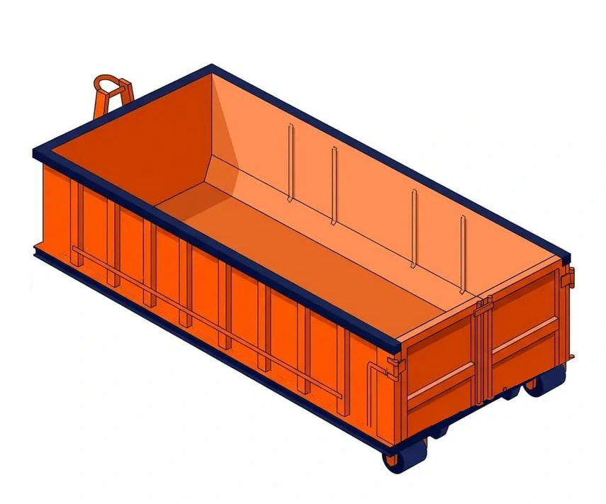 30 yard roll-off dumpster container, about 22 ft long by 8 ft wide by 6 ft high