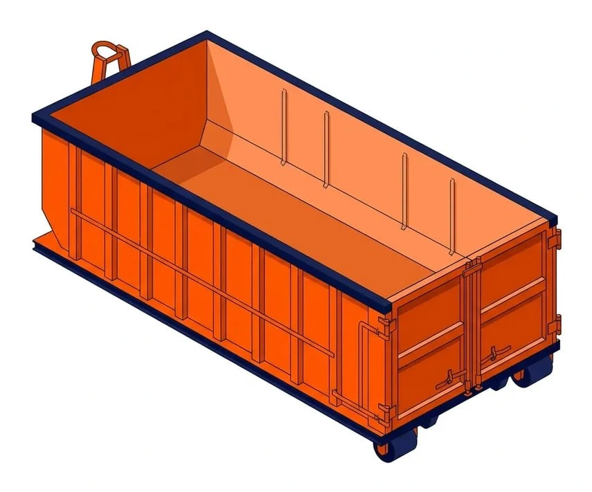 40 yard roll-off dumpster container, about 22 ft long by 8 ft wide by 8 ft high